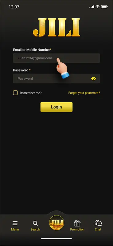 Enter Registered Email or Mobile Number on JilislotPH form